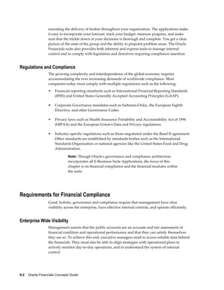 6-2    Oracle Financials Concepts Guide
executing the delivery of hoshin throughout your organization. The applications make
it easy to incorporate your forecast, track your budget, measure progress, and make
sure that the trickle down of your decisions is thorough and complete. You get a clear
picture of the state of the group and the ability to pinpoint problem areas. The Oracle
Financials suite also provides both inherent and express tools to manage internal
control and to comply with legislation and directives requiring compliance assertion.
Regulations and Compliance
The growing complexity and interdependence of the global economy requires
accommodating the ever increasing demands of worldwide compliance. Most
companies today must comply with multiple regulations such as the following:
• Financial reporting standards such as International Financial Reporting Standards
(IFRS) and United States Generally Accepted Accounting Principles (GAAP).
• Corporate Governance mandates such as Sarbanes-Oxley, the European Eighth
Directive, and other Governance Codes.
• Privacy laws such as Health Insurance Portability and Accountability Act of 1996
(HIPAA) and the European Union's Data and Privacy regulations.
• Industry-specific regulations such as those negotiated under the Basel II agreement.
Other standards are established by standards bodies such as the International
Standards Organization or national agencies like the United States Food and Drug
Administration.
Note: Though Oracle's governance and compliance architecture
incorporates all E-Business Suite Applications, the focus of this
chapter is on financial compliance and the financial modules within
the suite.
Requirements for Financial Compliance
Good, holistic, governance and compliance require that management have clear
visibility across the enterprise, have effective internal controls, and operate efficiently.
Enterprise Wide Visibility
Management asserts that the public accounts are an accurate and fair assessment of
financial condition and operational performance and that they can satisfy themselves
they are so. To achieve this end, executive managers need to access reliable data behind
the financials. They must also be able to align strategies with operational plans to
actively monitor day-to-day operations, and to understand the system of internal
control.
 