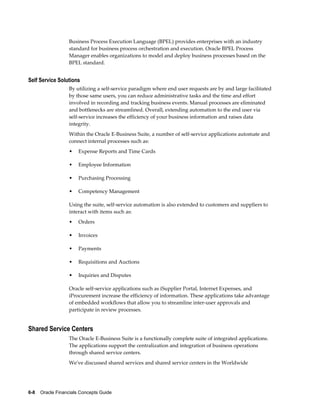 6-8    Oracle Financials Concepts Guide
Business Process Execution Language (BPEL) provides enterprises with an industry
standard for business process orchestration and execution. Oracle BPEL Process
Manager enables organizations to model and deploy business processes based on the
BPEL standard.
Self Service Solutions
By utilizing a self-service paradigm where end user requests are by and large facilitated
by those same users, you can reduce administrative tasks and the time and effort
involved in recording and tracking business events. Manual processes are eliminated
and bottlenecks are streamlined. Overall, extending automation to the end user via
self-service increases the efficiency of your business information and raises data
integrity.
Within the Oracle E-Business Suite, a number of self-service applications automate and
connect internal processes such as:
• Expense Reports and Time Cards
• Employee Information
• Purchasing Processing
• Competency Management
Using the suite, self-service automation is also extended to customers and suppliers to
interact with items such as:
• Orders
• Invoices
• Payments
• Requisitions and Auctions
• Inquiries and Disputes
Oracle self-service applications such as iSupplier Portal, Internet Expenses, and
iProcurement increase the efficiency of information. These applications take advantage
of embedded workflows that allow you to streamline inter-user approvals and
participate in review processes.
Shared Service Centers
The Oracle E-Business Suite is a functionally complete suite of integrated applications.
The applications support the centralization and integration of business operations
through shared service centers.
We've discussed shared services and shared service centers in the Worldwide
 
