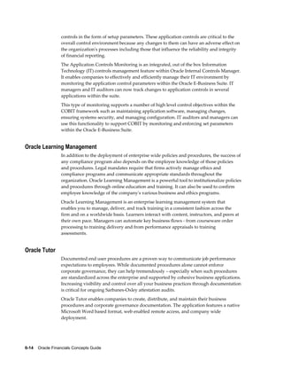 6-14    Oracle Financials Concepts Guide
controls in the form of setup parameters. These application controls are critical to the
overall control environment because any changes to them can have an adverse effect on
the organization's processes including those that influence the reliability and integrity
of financial reporting.
The Application Controls Monitoring is an integrated, out of the box Information
Technology (IT) controls management feature within Oracle Internal Controls Manager.
It enables companies to effectively and efficiently manage their IT environment by
monitoring the application control parameters within the Oracle E-Business Suite. IT
managers and IT auditors can now track changes to application controls in several
applications within the suite.
This type of monitoring supports a number of high level control objectives within the
COBIT framework such as maintaining application software, managing changes,
ensuring systems security, and managing configuration. IT auditors and managers can
use this functionality to support COBIT by monitoring and enforcing set parameters
within the Oracle E-Business Suite.
Oracle Learning Management
In addition to the deployment of enterprise wide policies and procedures, the success of
any compliance program also depends on the employee knowledge of those policies
and procedures. Legal mandates require that firms actively manage ethics and
compliance programs and communicate appropriate standards throughout the
organization. Oracle Learning Management is a powerful tool to institutionalize policies
and procedures through online education and training. It can also be used to confirm
employee knowledge of the company's various business and ethics programs.
Oracle Learning Management is an enterprise learning management system that
enables you to manage, deliver, and track training in a consistent fashion across the
firm and on a worldwide basis. Learners interact with content, instructors, and peers at
their own pace. Managers can automate key business flows - from courseware order
processing to training delivery and from performance appraisals to training
assessments.
Oracle Tutor
Documented end user procedures are a proven way to communicate job performance
expectations to employees. While documented procedures alone cannot enforce
corporate governance, they can help tremendously – especially when such procedures
are standardized across the enterprise and supported by cohesive business applications.
Increasing visibility and control over all your business practices through documentation
is critical for ongoing Sarbanes-Oxley attestation audits.
Oracle Tutor enables companies to create, distribute, and maintain their business
procedures and corporate governance documentation. The application features a native
Microsoft Word based format, web enabled remote access, and company wide
deployment.
 