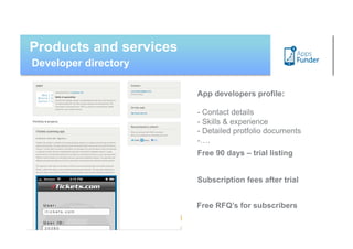 Products and services
Developer directory

                        App developers profile:

                        - Contact details
                        - Skills & experience
                        - Detailed protfolio documents
                        -  .
                         …
                        Free 90 days – trial listing


                        Subscription fees after trial


                        Free RFQ’s for subscribers
 