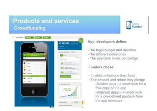 Products and services
Crowdfunding

                        App developers define:

                        -  he taget budget and deadline
                         T
                        -  he different milestones
                         T
                        - The pay-back terms per pledge

                        Funders chose:

                        - In which milestone they fund
                        - The amount and return they pledge
                             -  olden apps - a small sum for a
                              G
                             free copy of the app
                             -  latinum apps – a larger sum
                              P
                             for a pre-defined pauback from
                             the app revenues
 