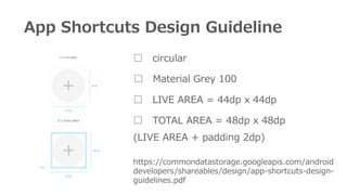 App Shortcuts Design Guideline
 circular
 LIVE AREA = 44dp x 44dp
 TOTAL AREA = 48dp x 48dp
(LIVE AREA + padding 2dp)
https://commondatastorage.googleapis.com/android
developers/shareables/design/app-shortcuts-design-
guidelines.pdf
 Material Grey 100
 