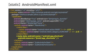 staticAndroidManifest.xml
<?xml version=1.0 encoding=utf-8?>
<manifest xmlns:android=http://schemas.android.com/apk/res/android
package=shortcut.sample.yahoo.co.jp.shortcutsample>
<application
android:allowBackup=true android:icon=@mipmap/ic_launcher
android:label=@string/app_name android:supportsRtl=true
android:theme=@style/AppTheme>
<activity android:name=.MainActivity>
<intent-filter>
<action android:name=android.intent.action.MAIN /> <!--  -->
<category android:name="android.intent.category.LAUNCHER" /> <!--  -->
</intent-filter>
<meta-data android:name="android.app.shortcuts"
android:resource="@xml/app_shortcuts" />
</activity>
<activity android:name=".SubActivityForStatic"/>
<activity android:name=".SubActivityForDynamic"/>
</application>
</manifest>
 