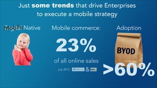 Just some trends that drive Enterprises
to execute a mobile strategy
"
Digital
Mobile Native

"

Mobile commerce: 

23%

of all online sales
july 2013
&

Adoption
"
"
"
"
"
"

>60%
"

 