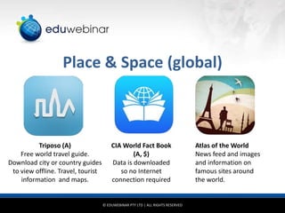 Place & Space (global)

Triposo (A)
Free world travel guide.
Download city or country guides
to view offline. Travel, tourist
information and maps.

CIA World Fact Book
(A, $)
Data is downloaded
so no Internet
connection required

© EDUWEBINAR PTY LTD | ALL RIGHTS RESERVED

Atlas of the World
News feed and images
and information on
famous sites around
the world.

 