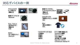 アクションカメラ
レンズ型カメラ
・無線LAN
Theta、Theta S
（全方位カメラ）
・無線LAN
・USB
各種スマートウォッチ
・Bluetooth
各種スマートグラス、
ヘッドマウントディスプレイ
・無線LAN
・Bluetooth
Sphero
（ボール型ラジコン）
・Bluetooth
Linkingデバイス
（安価なIoTモジュール仕様）
・BLE
Hitoe
（着る心拍数計）
・BLE
ヘルスケアデバイス(BLE)
・心拍数計
・体温計
・体重計
・血圧計
スマート家電（無線LAN）
・EchonetLite機器
・スマートメーター
・Alljyon機器
・赤外線リモコン機器
・Hue（スマートライト）
・ChromeCast/Android TV
対応デバイスの一例
©2016 NTT DOCOMO, INC. All Rights Reserved. 13
 