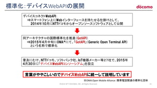 デバイスコネクトWebAPI：
⇒スマートフォン上にWebインターフェースを持たせる仕掛けとして、
2014年10月にNTTドコモからオープンソースソフトウェアとして公開
同アーキテクチャの国際標準化を推進（GotAPI）
⇒2015年4月中旬にOMA※にて、「GotAPI」（Generic Open Terminal API）
という名称で標準化
普及にむけ、NTTドコモ、ソフトバンク社、IoT機器メーカー等２７社で、2015年
4月30日に「デバイスWebAPIコンソーシアム」を設立
※OMA:Open Mobile Alliance：携帯電話関連の標準化団体
標準化：デバイスWebAPIの展開
言葉がややこしいのでデバイスWebAPIに統一して説明しています
©2016 NTT DOCOMO, INC. All Rights Reserved. 15
 