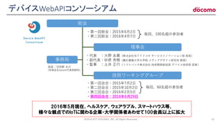 デバイスWebAPIコンソーシアム
©2016 NTT DOCOMO, INC. All Rights Reserved. 16
総会
事務局
・第一回総会：2015年6月2日
・第二回総会：2016年4月7日
・代表 ：大野 友義（株式会社ＮＴＴドコモ サービスイノベーション部 部長）
・副代表：砂原 秀樹（慶応義塾大学大学院 メディアデザイン研究科 教授）
・監事 ：土井 正行（ソフトバンク株式会社 技術開発統括部 デバイス技術部 部長）
・第一回会合：2015年7月2日
・第二回会合：2015年10月2日
・第三回会合：2016年2月5日
・第四回会合：2016年6月29日
理事会
技術ワーキンググループ
局長：羽田野 太巳
(有限会社futomi代表取締役)
毎回、60名超の参加者
毎回、100名超の参加者
2016年5月現在、ヘルスケア、ウェアラブル、スマートハウス等、
様々な観点でのIoTに関わる企業・大学関係者あわせて100会員以上に拡大
 