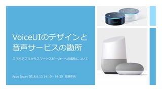 VoiceUIのデザインと
⾳声サービスの勘所
スマホアプリからスマートスピーカーへの進化について
Apps Japan 2018.6.13 14:10 - 14:50 安藤幸央
 