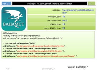 Ver.	1
 Package:	tw.com.gamer.android.ac4vecenter	 p1
2/2/16
 powered	by	BH_Lin
##	Main	Ac4vity	
<ac4vity	android:label="@string/bahamut"	
android:name="tw.com.gamer.android.bahamut.BahamutAc4vity”>	
	
1.	<service	android:exported="false”	
android:name="tw.com.gamer.android.account.Authen4catorService">	
2.	<service	android:enabled="true"	android:exported="false"	
android:name="com.google.android.gms.analy4cs.Analy4csService"	/>	
3.	<service	android:enabled="true"	android:exported="false"	
android:name="com.google.android.gms.measurement.AppMeasurementService"	/>	
package	 tw.com.gamer.android.ac4vece
nter	
versionCode	 79	
versionName	 4.4.3	
sdkVersion	 15	
targetSdkVersion	 23	
Version	1:	2013/01?	
 
