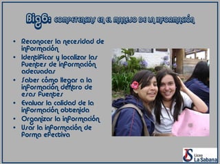 Big6:    COMPETENCIAS EN EL MANEJO DE LA INFORMACIÓN


• Reconocer la necesidad de
  información
• Identificar y localizar las
  fuentes de información
  adecuadas
• Saber cómo llegar a la
  información dentro de
  esas fuentes
• Evaluar la calidad de la
  información obtenida
• Organizar la información
• Usar la información de
  forma efectiva
 