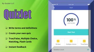 By Quizlet LLC
❏ Write terms and definitions
❏ Create your own quiz
❏ True/False, Multiple Choice,
Matching, Flash Cards
❏ Instant feedback
 