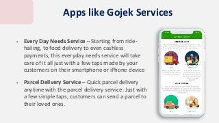  Every Day Needs Service – Starting from ride-
hailing, to food delivery to even cashless
payments, this everyday needs service will take
care of it all just with a few taps made by your
customers on their smartphone or iPhone device
 Parcel Delivery Service – Quick parcel delivery
anytime with the parcel delivery service. Just with
a few simple taps, customers can send a parcel to
their loved ones.
Apps like Gojek Services
 