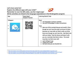 Let’s have some fun! 
Explore the different apps with your child!  12
Remember to scan the QR codes, use the i­nigma app! 
All the activities are linked to the language expectations in the Kindergarten program. 
App  Need Help?  
Student Tutorial 
Learning Goal & Task 
Tellagami 
 
 
 
 13
 
 14
 
 
 
 
 
Goal:   
● use language in various contexts  
● use prior knowledge to make connections 
 
Task: 
● take one of the scented tissues and smell it. Even 
though we can’t see the smell, we know it’s there 
because our nose tells us! God is with us all the 
time even though we can’t see him.  Ask God to be 
with you today. Take the tissue and keep it with 
you as a reminder that God is there.  The smell 
may fade, but God never will!  
● open tellagami app 
● create your avatar 
● tell God what you are thankful for 
 
 
12
 <http://a3.mzstatic.com/us/r30/Purple6/v4/0c/8a/18/0c8a183b­33db­5d72­7334­03a568c26566/mzl.gaujwlpp.png> 
13
 <http://a4.mzstatic.com/us/r30/Purple2/v4/ab/1e/b2/ab1eb26f­5616­a3ed­68df­4502d849ac78/mzl.qibknkxm.175x175­75.jpg> 
14
 <http://a5.mzstatic.com/us/r30/Purple4/v4/36/8e/ee/368eee1f­32ca­3681­c2ce­05624ac6e1c6/mzl.mahhfokn.png> 
 