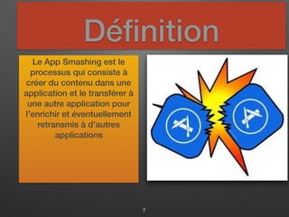 Déﬁnition
Le App Smashing est le
processus qui consiste à
créer du contenu dans une
application et le transférer à
une autre application pour
l’enrichir et éventuellement
retransmis à d’autres
applications
7
 