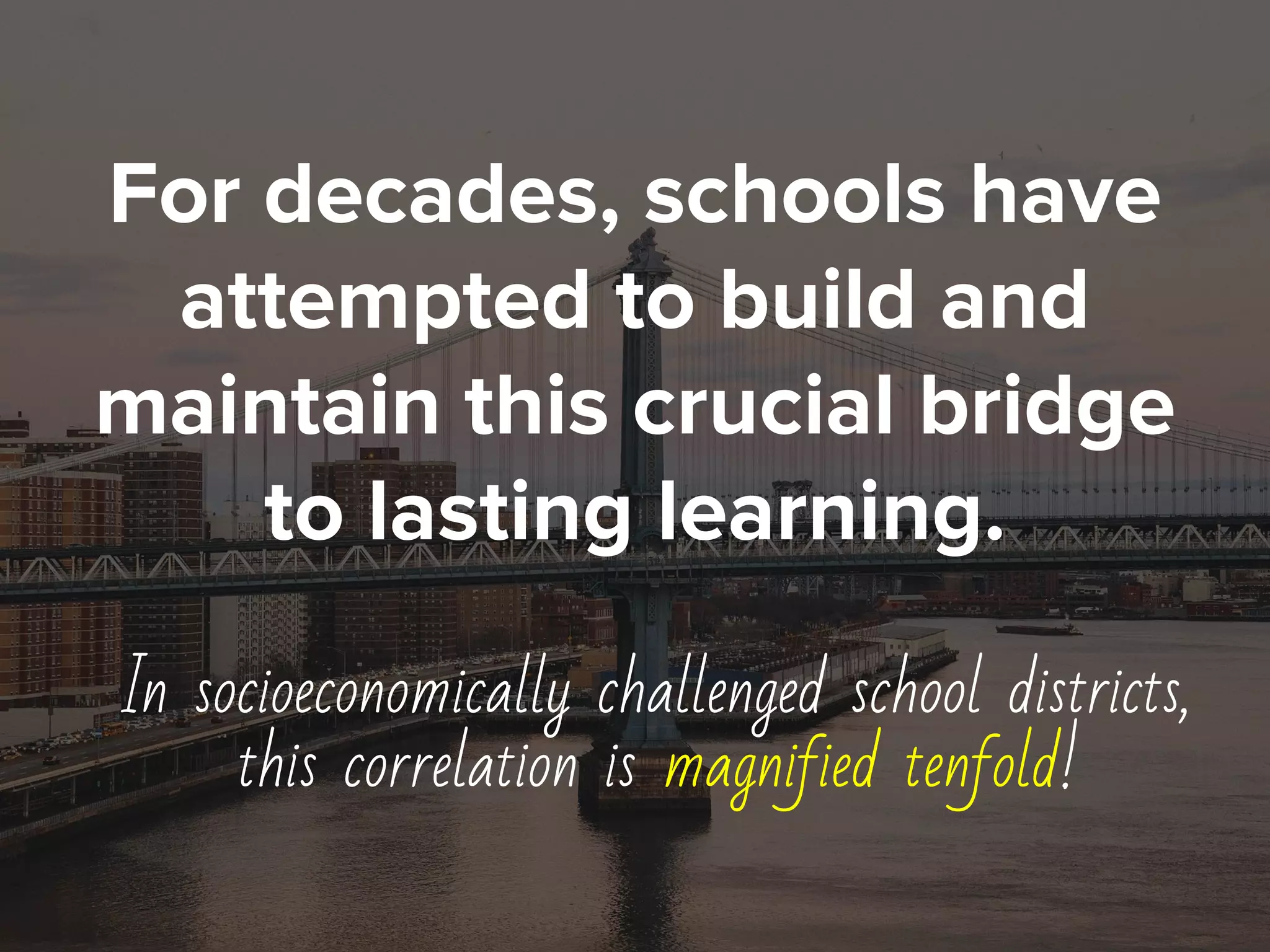 For decades, schools have
attempted to build and
maintain this crucial bridge
to lasting learning.
In socioeconomically challenged school districts,
this correlation is magnified tenfold!
 