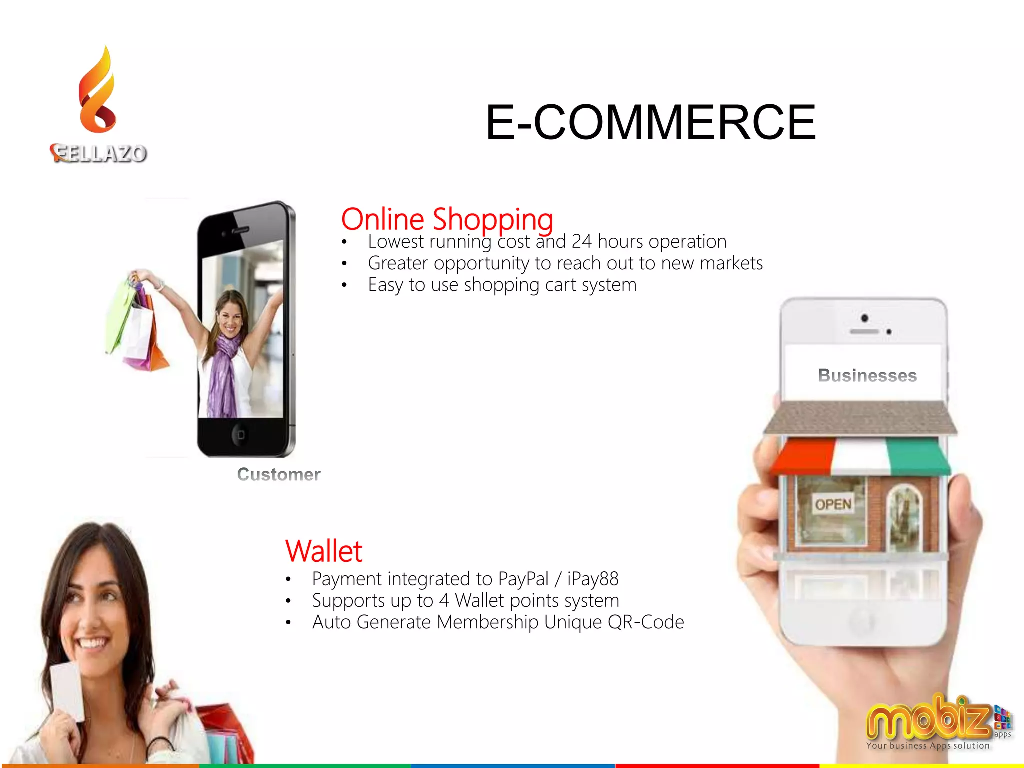 E-COMMERCE
Online Shopping
• Lowest running cost and 24 hours operation
• Greater opportunity to reach out to new markets
• Easy to use shopping cart system
Wallet
• Payment integrated to PayPal / iPay88
• Supports up to 4 Wallet points system
• Auto Generate Membership Unique QR-Code
 