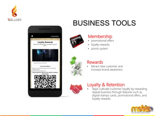 BUSINESS TOOLS
Membership
• promotional offers
• loyalty rewards.
• points system
Rewards
• Attract new customer and
increase brand awareness
Loyalty & Retention
• Apps cultivate customer loyalty by rewarding
repeat business through features such as
digital stamps cards, promotional offers, and
loyalty rewards.
 