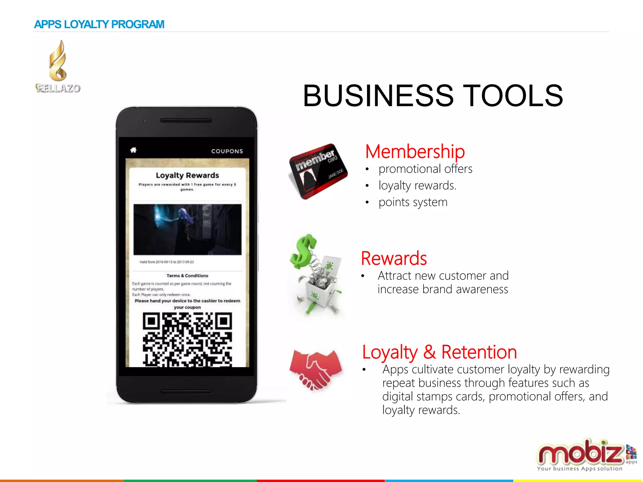 BUSINESS TOOLS
Membership
• promotional offers
• loyalty rewards.
• points system
Rewards
• Attract new customer and
increase brand awareness
Loyalty & Retention
• Apps cultivate customer loyalty by rewarding
repeat business through features such as
digital stamps cards, promotional offers, and
loyalty rewards.
APPS LOYALTYPROGRAM
 