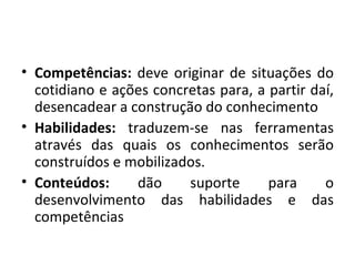 Competências:  deve originar de situações do cotidiano e ações concretas para, a partir daí, desencadear a construção do conhecimento  Habilidades:  traduzem-se nas ferramentas através das quais os conhecimentos serão construídos e mobilizados.  Conteúdos:  dão suporte para o desenvolvimento das habilidades e das competências 
