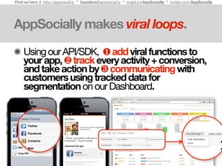 Find us here ;) http://appsocial.ly * founders@appsocial.ly * angel.co/AppSocially * twitter.com/AppSocially
AppSocially makes viral loops.
๏ UsingourAPI/SDK, ❶addviralfunctionsto
yourapp,❷trackeveryactivity+conversion,
andtakeactionby❸communicatingwith
customersusingtrackeddatafor
segmentationonourDashboard.
 