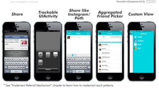 founders@appsocial.lyHOW TO IMPLEMENT IN YOUR APP
Share Trackable
UIActivity
Share like
Instagram/
Path
Aggregated
Friend Picker
Custom View
* See “Implement Referral Mechanism” chapter to learn how to implement each patterns.
 