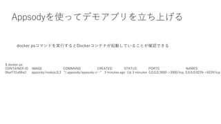 Appsodyʹäƥǥ⥢ץϤ
$ docker ps
CONTAINER ID IMAGE COMMAND CREATED STATUS PORTS NAMES
0baf731a99a2 appsody/nodejs:0.3 "/.appsody/appsody-c" 3 minutes ago Up 3 minutes 0.0.0.0:3000->3000/tcp, 0.0.0.0:9229->9229/tcp
docker psޥɤgФDockerƥʤӤƤ뤳Ȥ_JǤ
 