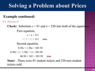Solving a Problem about PricesExample continued:4.)  InterpretCheck:  Substitute s = 81 and n = 230 into both of the equations.	First equation,s + n = 31181 + 230 = 311      true	Second equation,	  0.50s + 1.50n = 385.50 0.50(81) + 1.50(230) = 385.50	     40.50 + 345 = 385.50      trueState:   There were 81 student tickets and 230 non-student tickets sold.