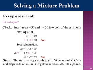 Solving a Mixture ProblemExample continued:4.)  InterpretCheck:  Substitute x = 30 and y = 20 into both of the equations.	First equation,x + y = 5030 + 20 = 50      true	Second equation,	      2x + 1.50y = 90       2(30) + 1.50(20) = 90	          60 + 30 = 90      trueState:   The store manager needs to mix 30 pounds of M&M’s and 20 pounds of trail mix to get the mixture at $1.80 a pound.