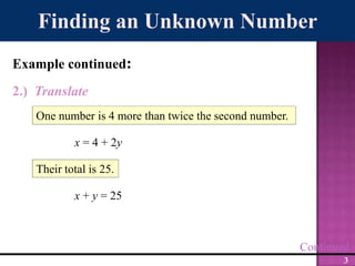 One number is 4 more than twice the second number.Their total is 25.Finding an Unknown NumberExample continued:2.)  Translatex = 4 + 2yx + y = 25Continued