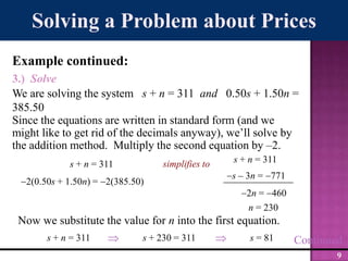 s + n = 311s + n = 311s – 3n = 7712(0.50s + 1.50n) = 2(385.50)Solving a Problem about PricesExample continued:3.)  SolveWe are solving the system   s + n = 311  and   0.50s + 1.50n = 385.50Since the equations are written in standard form (and we might like to get rid of the decimals anyway), we’ll solve by the addition method.  Multiply the second equation by –2.simplifies to2n = 460n = 230Now we substitute the value for n into the first equation.s + n = 311s + 230 = 311s = 81Continued