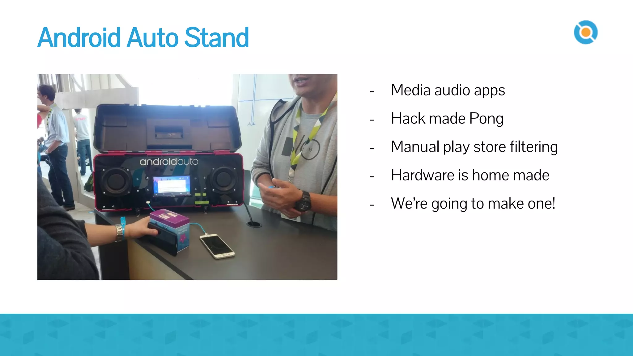 image
- Media audio apps
- Hack made Pong
- Manual play store filtering
- Hardware is home made
- We’re going to make one!
Android Auto Stand
 