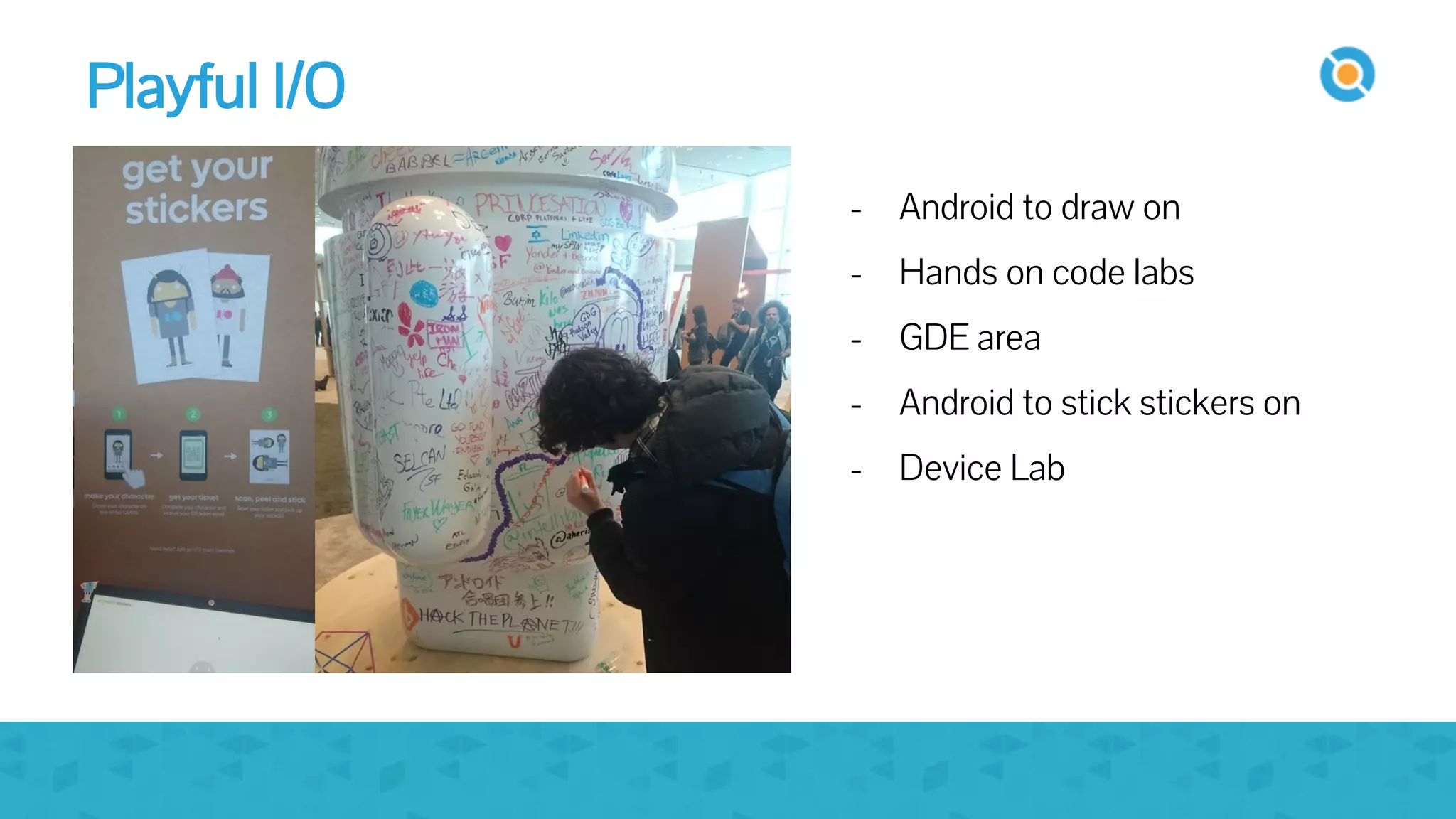 image
- Android to draw on
- Hands on code labs
- GDE area
- Android to stick stickers on
- Device Lab
Playful I/O
 