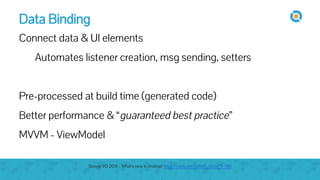 Data Binding
Connect data & UI elements
Automates listener creation, msg sending, setters
Pre-processed at build time (generated code)
Better performance & “guaranteed best practice”
MVVM - ViewModel
Google I/O 2015 - What's new in Android https://youtu.be/ndBdf1_oOGA?t=785
 