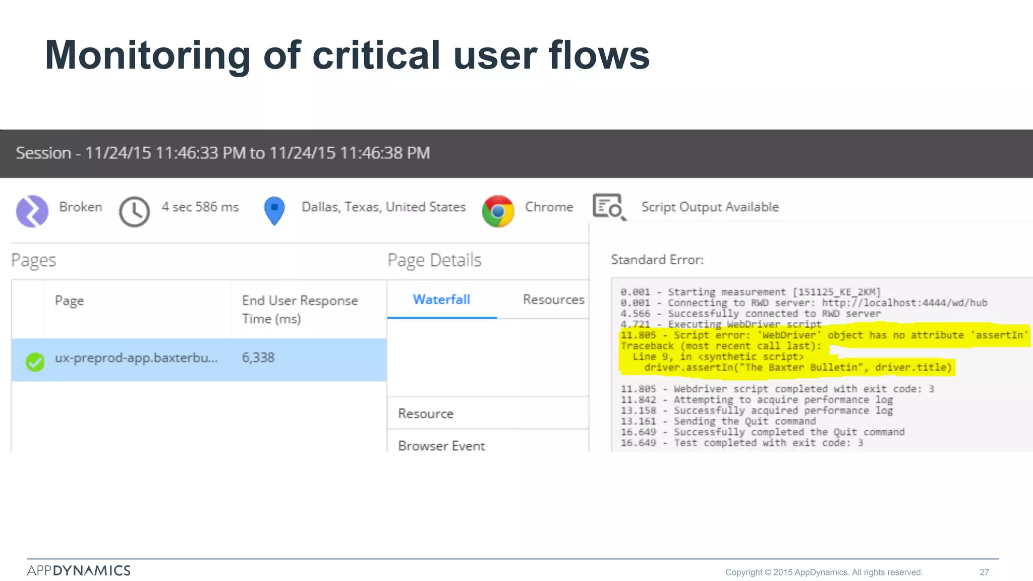 Copyright © 2015 AppDynamics. All rights reserved. 27
Monitoring of critical user flows
 