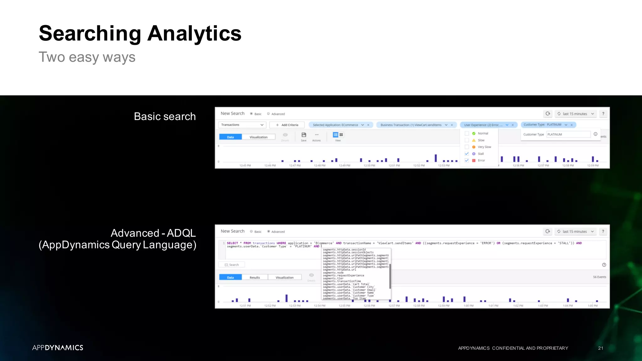 APPDYNAMICS CONFIDENTIAL AND PROPRIETARY 21
Searching Analytics
Two easy ways
Basic search
Advanced - ADQL
(AppDynamics Query Language)
 