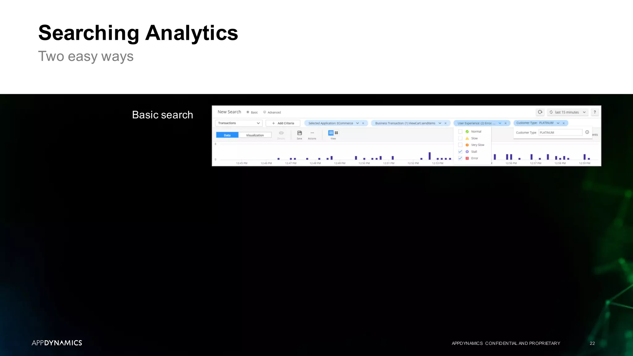 APPDYNAMICS CONFIDENTIAL AND PROPRIETARY 22
Searching Analytics
Two easy ways
Basic search
 