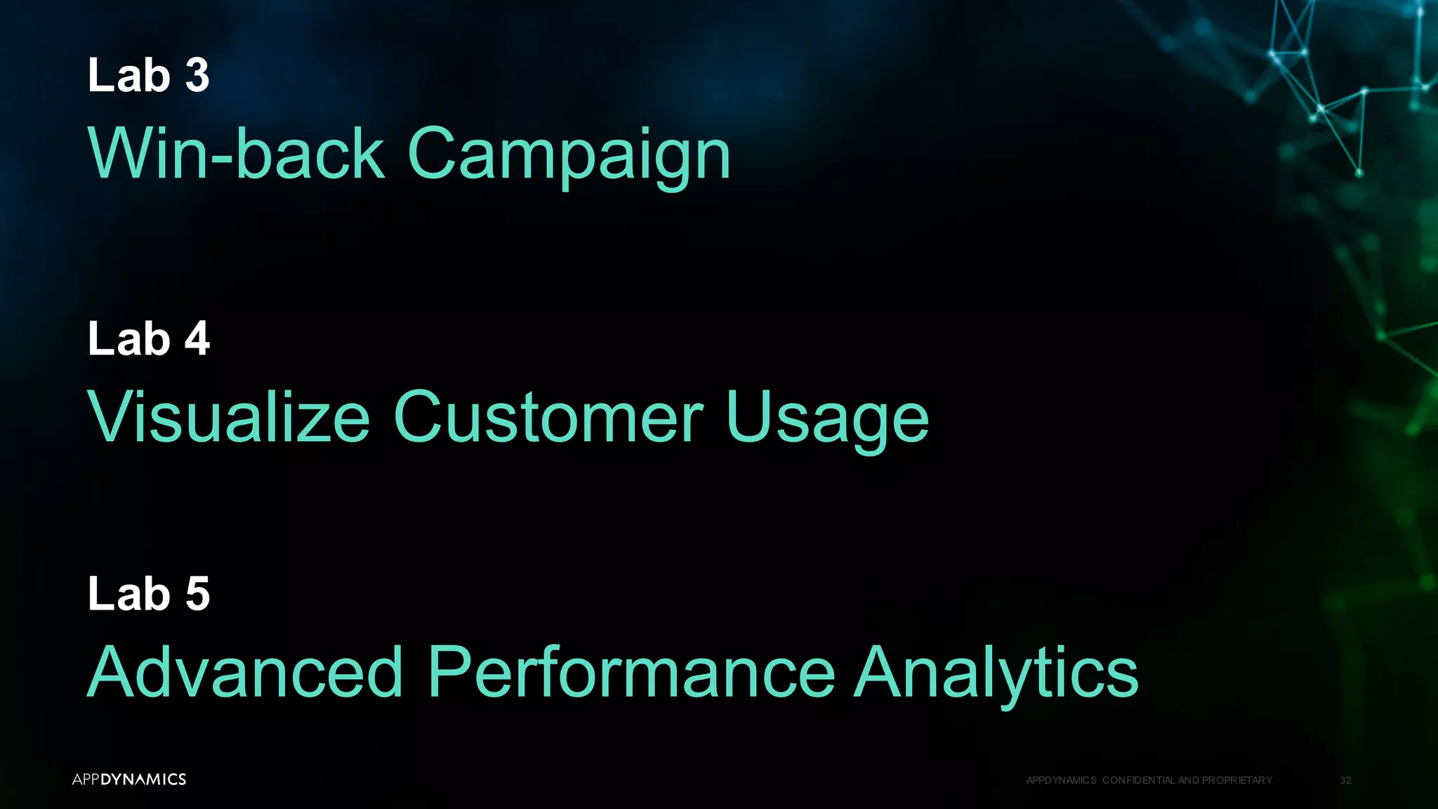 Lab 3
APPDYNAMICS CONFIDENTIAL AND PROPRIETARY 32
Win-back Campaign
Lab 4
Visualize Customer Usage
Lab 5
Advanced Performance Analytics
 