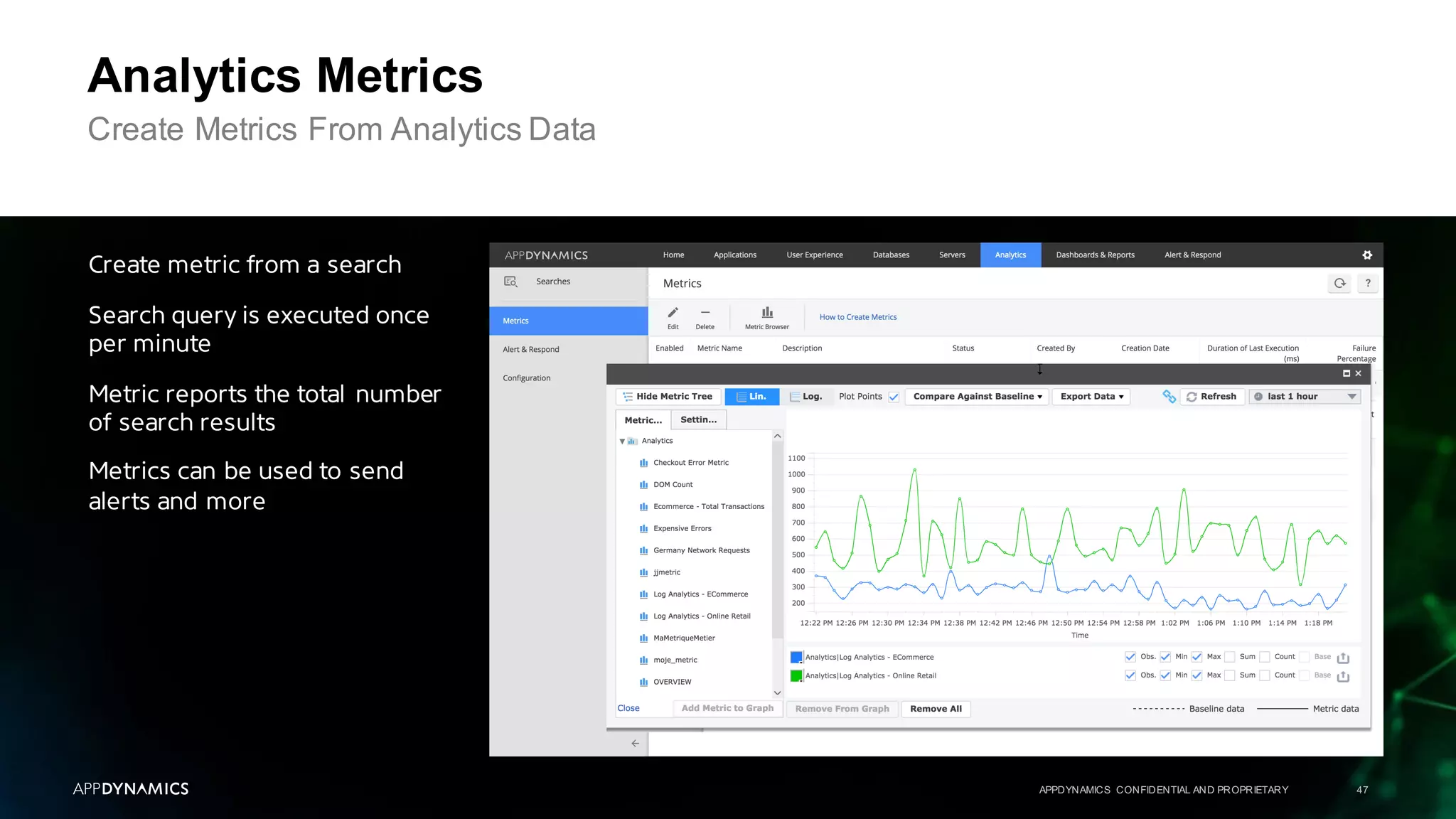 APPDYNAMICS CONFIDENTIAL AND PROPRIETARY 47
Analytics Metrics
Create Metrics From Analytics Data
Create metric from a search
Search query is executed once
per minute
Metric reports the total number
of search results
Metrics can be used to send
alerts and more
 