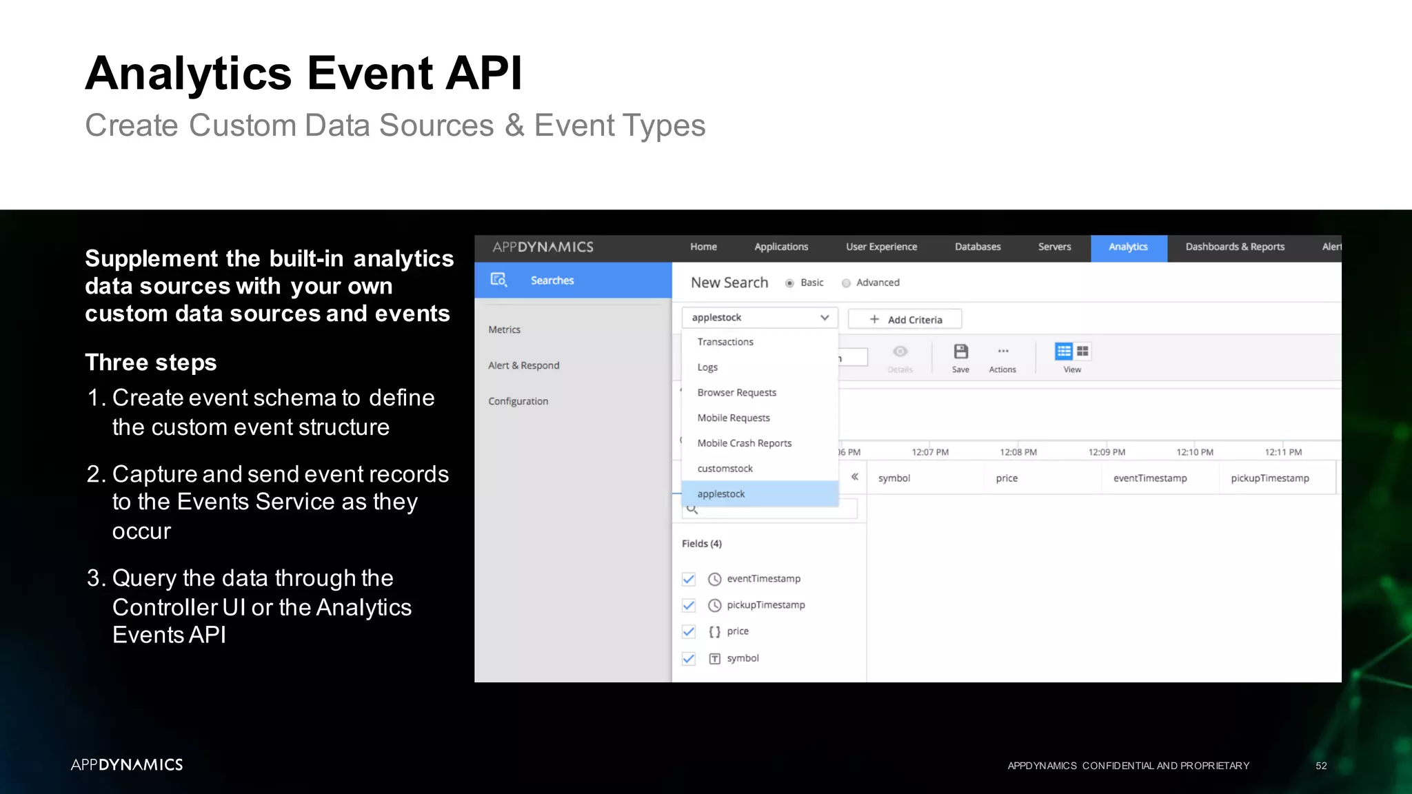 APPDYNAMICS CONFIDENTIAL AND PROPRIETARY 52
Analytics Event API
Create Custom Data Sources & Event Types
Supplement the built-in analytics
data sources with your own
custom data sources and events
Three steps
1. Create event schema to define
the custom event structure
2. Capture and send event records
to the Events Service as they
occur
3. Query the data through the
Controller UI or the Analytics
Events API
 