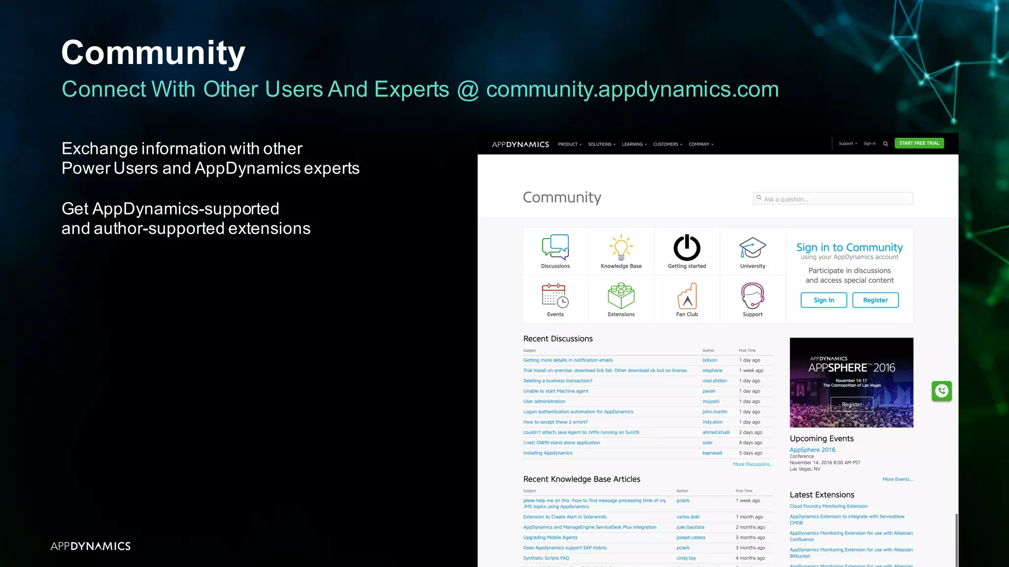 Community
APPDYNAMICS CONFIDENTIAL AND PROPRIETARY 58
Connect With Other Users And Experts @ community.appdynamics.com
Exchange information with other
Power Users and AppDynamics experts
Get AppDynamics-supported
and author-supported extensions
 