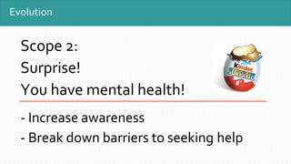 Evolution
Scope 2:
Surprise!
You have mental health!
- Increase awareness
- Break down barriers to seeking help
 