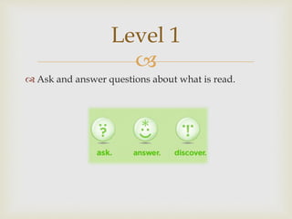
 Ask and answer questions about what is read.
Level 1
 