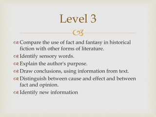 
 Compare the use of fact and fantasy in historical
fiction with other forms of literature.
 Identify sensory words.
 Explain the author's purpose.
 Draw conclusions, using information from text.
 Distinguish between cause and effect and between
fact and opinion.
 Identify new information
Level 3
 