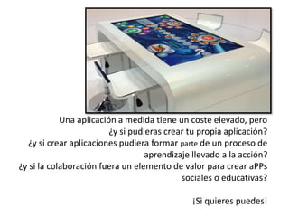 Una aplicación a medida tiene un coste elevado, pero
¿y si pudieras crear tu propia aplicación?
¿y si crear aplicaciones pudiera formar parte de un proceso de
aprendizaje llevado a la acción?
¿y si la colaboración fuera un elemento de valor para crear aPPs
sociales o educativas?
¡Si quieres puedes!