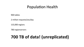 Popula8on	
  Health	
  
900	
  tables	
  
2	
  million	
  requests/sec/day	
  
780	
  regionservers	
  
115,000	
  regions	
  
700	
  TB	
  of	
  data!	
  (unreplicated)	
  
 