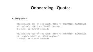 Onboarding	
  -­‐	
  Quotas	
  
	
  
•  Setup	
  quotas	
  
hbase(main):001:0> set_quota TYPE => THROTTLE, NAMESPACE
=> ’mplus', LIMIT => ’10000 req/sec'
0 row(s) in 0.7255 seconds
hbase(main):001:0> set_quota TYPE => THROTTLE, NAMESPACE
=> ’poph', LIMIT => ’1500 req/sec'
0 row(s) in 0.5677 seconds
	
  
 