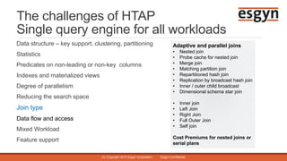 The challenges of HTAP
Single query engine for all workloads
Data structure – key support, clustering, partitioning
Statis...