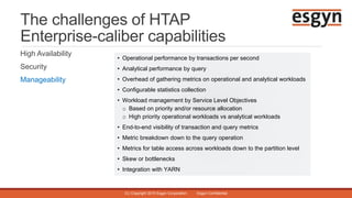 The challenges of HTAP
Enterprise-caliber capabilities
High Availability
Security
Manageability
(C) Copyright 2015 Esgyn C...