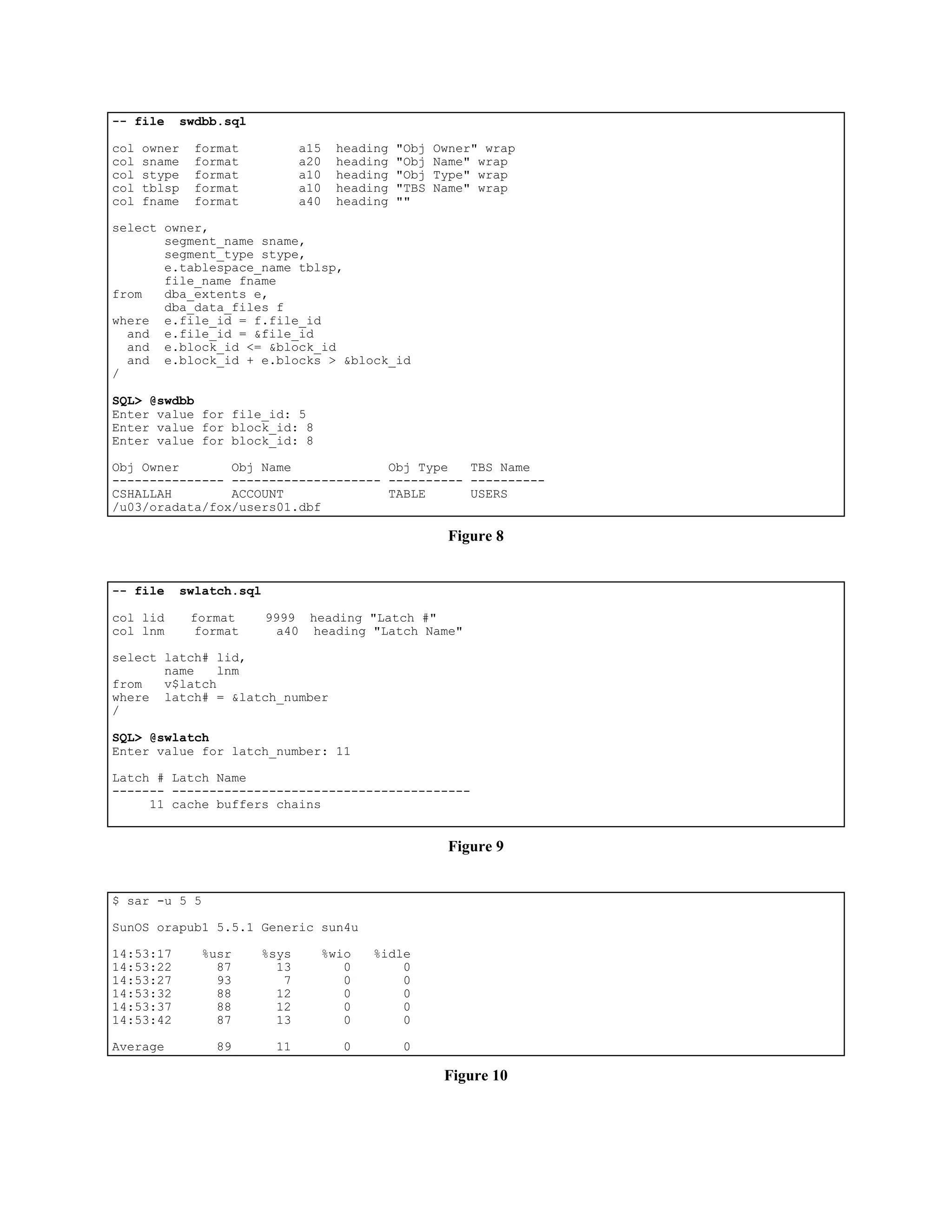 -- file swdbb.sql 
col owner format a15 heading "Obj Owner" wrap 
col sname format a20 heading "Obj Name" wrap 
col stype format a10 heading "Obj Type" wrap 
col tblsp format a10 heading "TBS Name" wrap 
col fname format a40 heading "" 
select owner, 
segment_name sname, 
segment_type stype, 
e.tablespace_name tblsp, 
file_name fname 
from dba_extents e, 
dba_data_files f 
where e.file_id = f.file_id 
and e.file_id = &file_id 
and e.block_id <= &block_id 
and e.block_id + e.blocks > &block_id 
/ 
SQL> @swdbb 
Enter value for file_id: 5 
Enter value for block_id: 8 
Enter value for block_id: 8 
Obj Owner Obj Name Obj Type TBS Name 
--------------- -------------------- ---------- ---------- 
CSHALLAH ACCOUNT TABLE USERS 
/u03/oradata/fox/users01.dbf 
Figure 8 
-- file swlatch.sql 
col lid format 9999 heading "Latch #" 
col lnm format a40 heading "Latch Name" 
select latch# lid, 
name lnm 
from v$latch 
where latch# = &latch_number 
/ 
SQL> @swlatch 
Enter value for latch_number: 11 
Latch # Latch Name 
------- ---------------------------------------- 
11 cache buffers chains 
Figure 9 
$ sar -u 5 5 
SunOS orapub1 5.5.1 Generic sun4u 
14:53:17 %usr %sys %wio %idle 
14:53:22 87 13 0 0 
14:53:27 93 7 0 0 
14:53:32 88 12 0 0 
14:53:37 88 12 0 0 
14:53:42 87 13 0 0 
Average 89 11 0 0 
Figure 10 
 